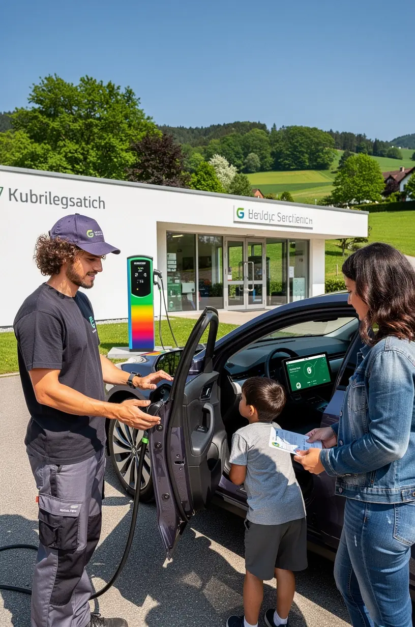 Elektrofahrzeug wird sicher an die Ladestation angeschlossen zur Batteriekontrolle