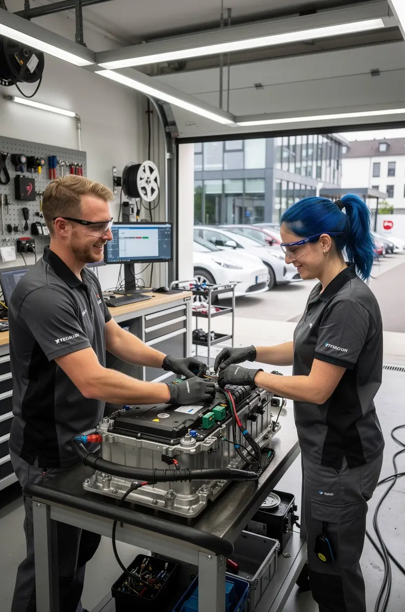 Technische Dokumentation und Prüfprotokolle liegen neben einem Diagnosetool für Batterien