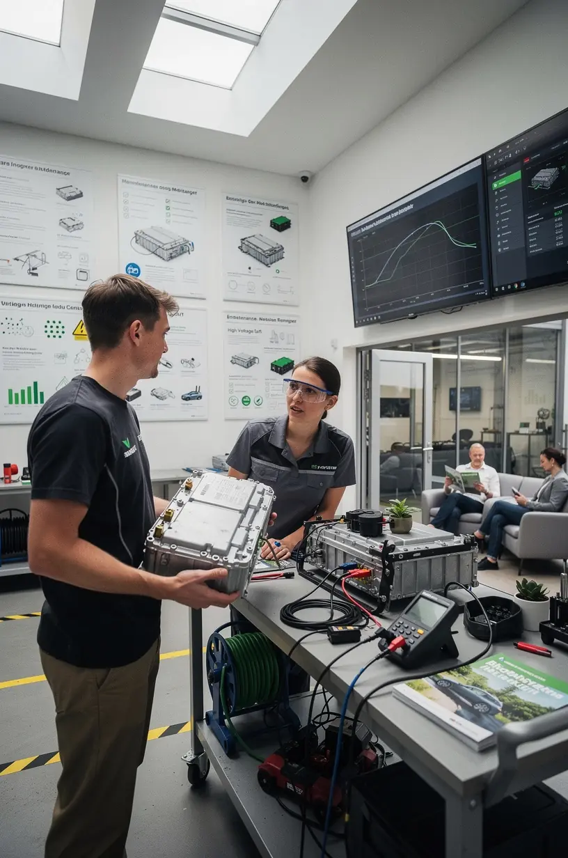 Diagnosegerät zeigt detaillierte Batteriewerte für Elektrofahrzeuge auf einem Bildschirm